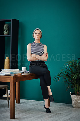 Buy stock photo Woman, portrait and entrepreneur with arms crossed in office, startup company or workplace for business. Manager, desk and creative professional or confident designer for brand consultant in New York