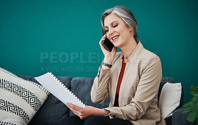 Buy stock photo Phone call, happy woman and reading document in home office for remote work or listen on sofa. Mobile, check paperwork and mature freelancer or account manager with sales report for client on mockup