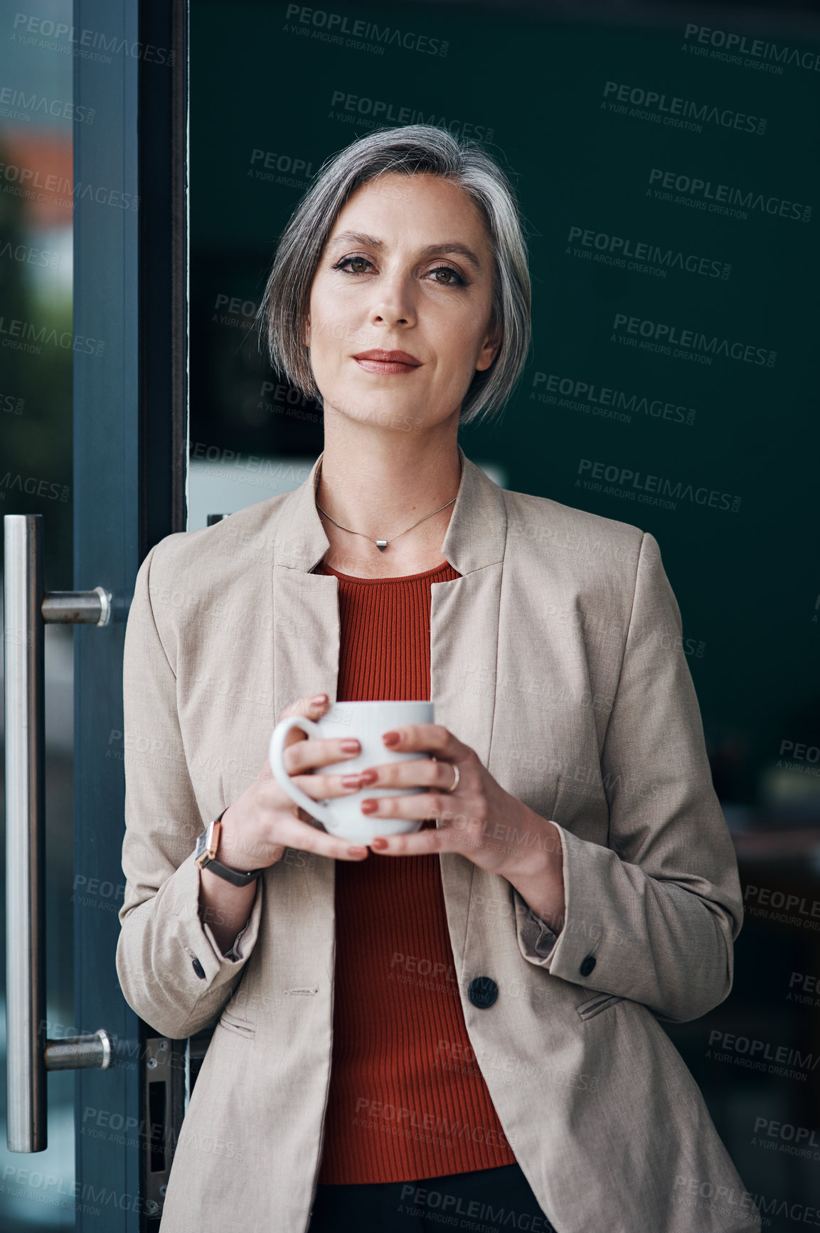 Buy stock photo Business, woman and portrait with drink in office for morning coffee, beverage and career ambition. Mature female employee, relax and herbal tea for project development, routine and startup growth