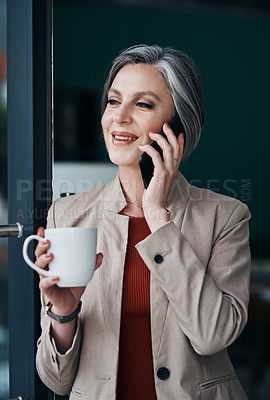 Buy stock photo Mature woman, coffee and phone call at door for business, contact and communication in office. Female lawyer, happy and talking on cell for legal advice, consultation or client feedback in Canada