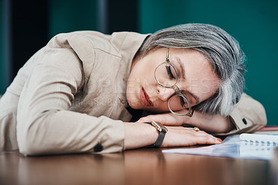 Buy stock photo Fatigue, overworked and business woman burnout from overtime work, financial budget review or accounting report. Sleep, administration and tired mature accountant with research, project and rest