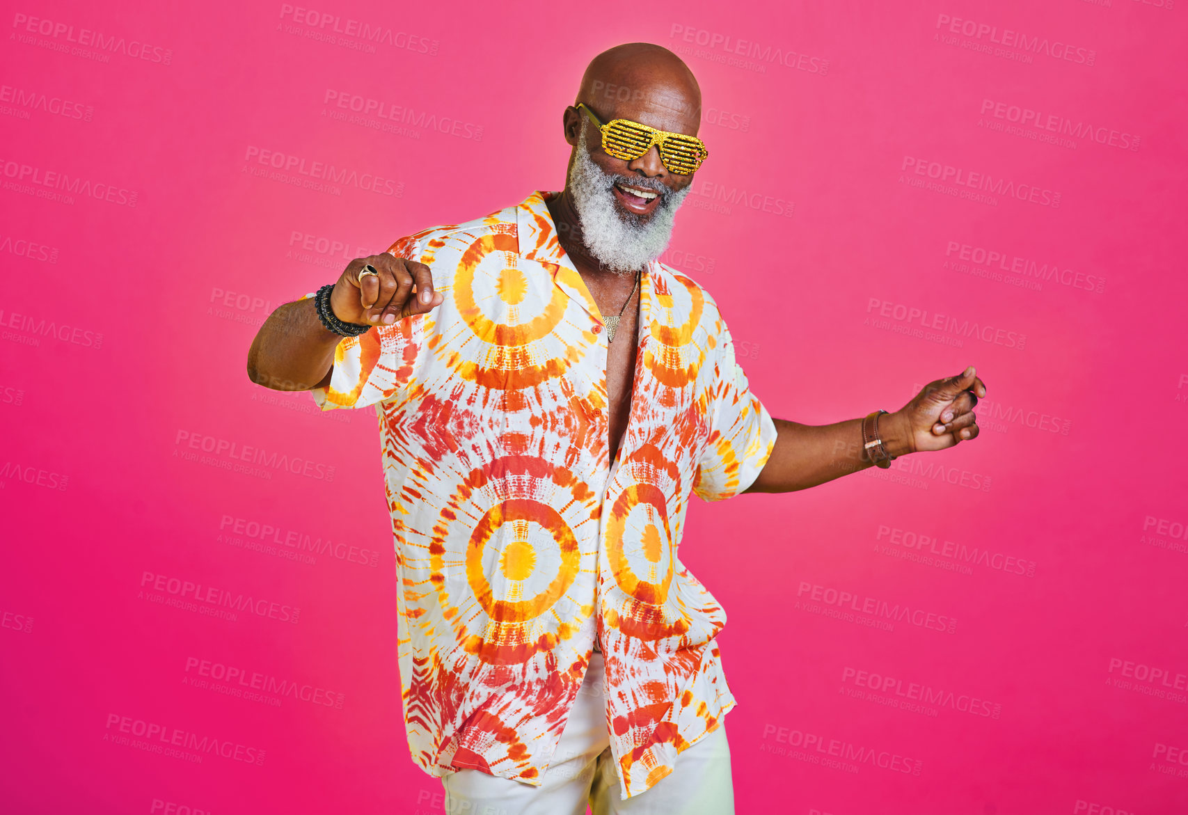 Buy stock photo Black man, dance or shades in studio with confidence, freedom or summer fashion. Mature person, portrait or movement on pink background with positive attitude, party energy or birthday celebration