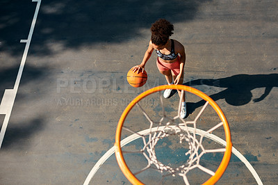 Buy stock photo Above, basketball court and woman with fitness, training and practice for game, cardio and hobby. Outdoor, person and player with recreation, exercise and workout with break, energy and wellness 