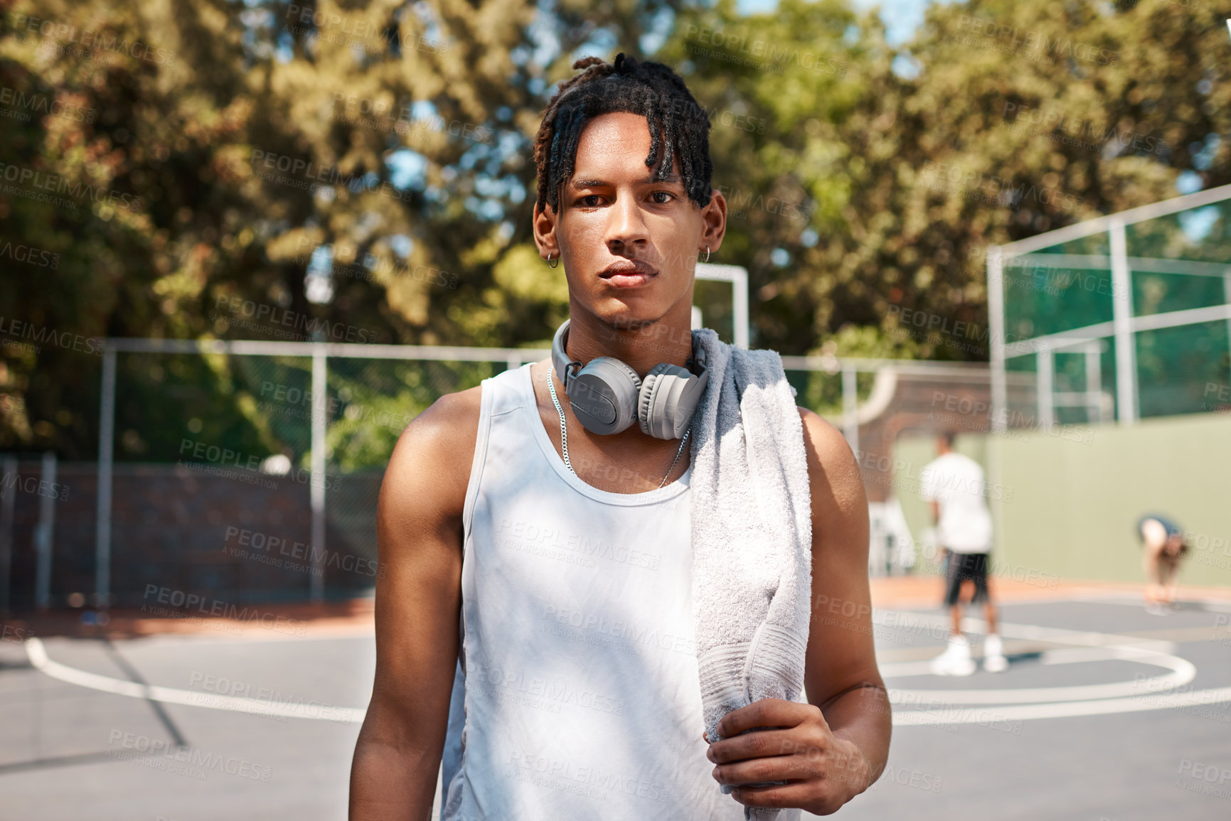 Buy stock photo Outdoor, basketball and portrait of man with confidence, culture and fitness for competition game at club. Ball, athlete and serious player on court with pride, youth development and community sports