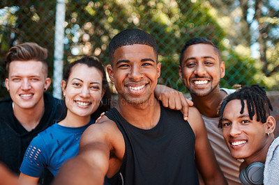 Buy stock photo Selfie, portrait and fitness with friends on court for sports training, health and workout club. Social media, photography and picture with people and outdoor for summer, wellness and teamwork pov