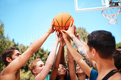 Buy stock photo Happy people, teamwork and sport with basketball in unity for match, fitness or exercise at outdoor court. Young, group or players with ball for motivation, support or trust in solidarity for game