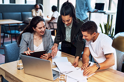 Buy stock photo Business people, paperwork and team meeting at coffee shop with cafe discussion and company statistics. Research, planning and collaboration for creative ideas for web articles at online agency