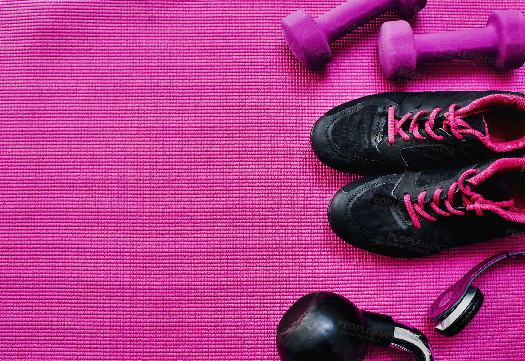 Buy stock photo Top view fitness, mat and sneakers for exercise with workout equipment, music and kettlebell in studio. Yoga, dumbbells and training weights with headphones for audio, pilates or wellness with mockup