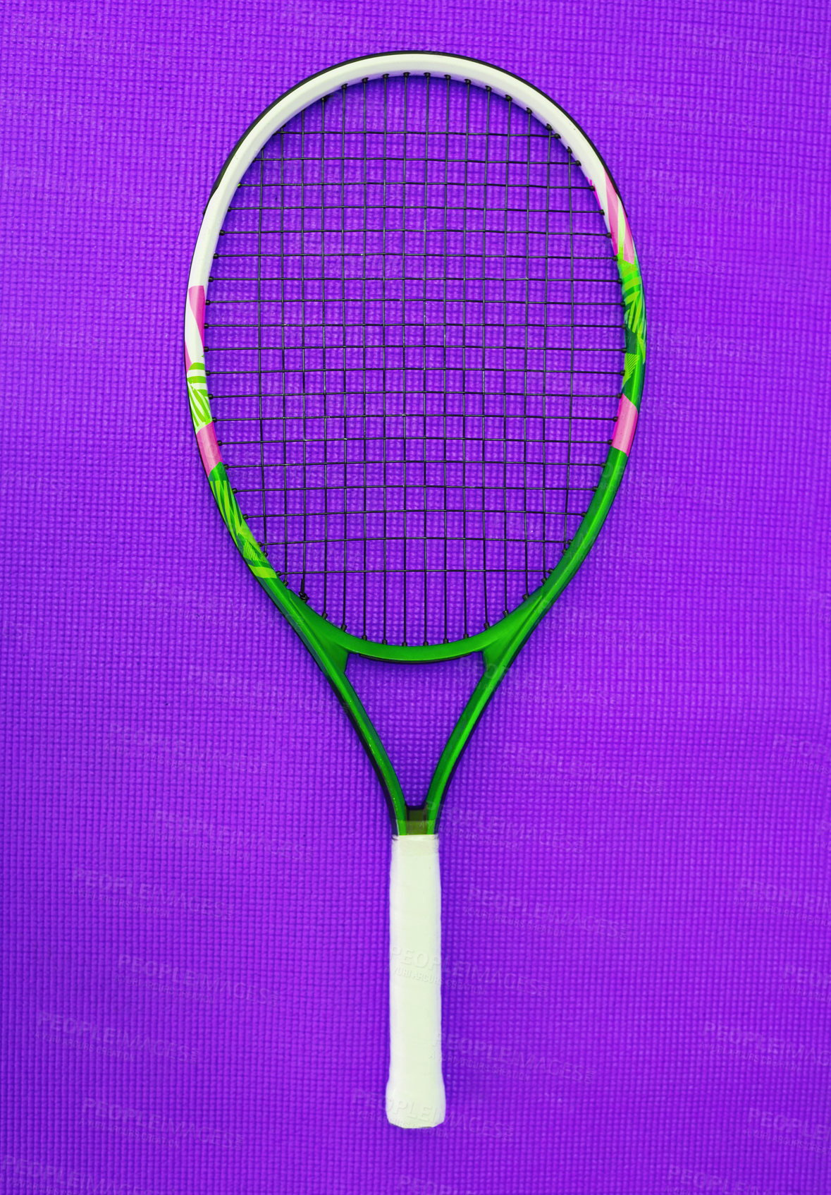 Buy stock photo Fitness, studio and racket for tennis game, competition or match with gym gear at health club. Sports, bat and exercise equipment on court for international challenge, workout and purple background