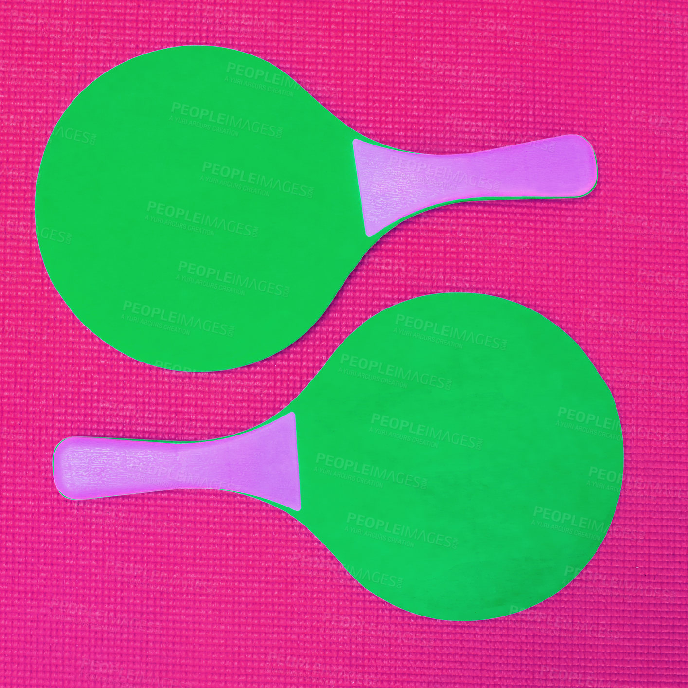 Buy stock photo Above, table tennis or racket in studio for fitness, fun or retro aesthetic on pink background. Olympic sport, paddles or opposed on textured backdrop in ping pong game, strategy or skill development