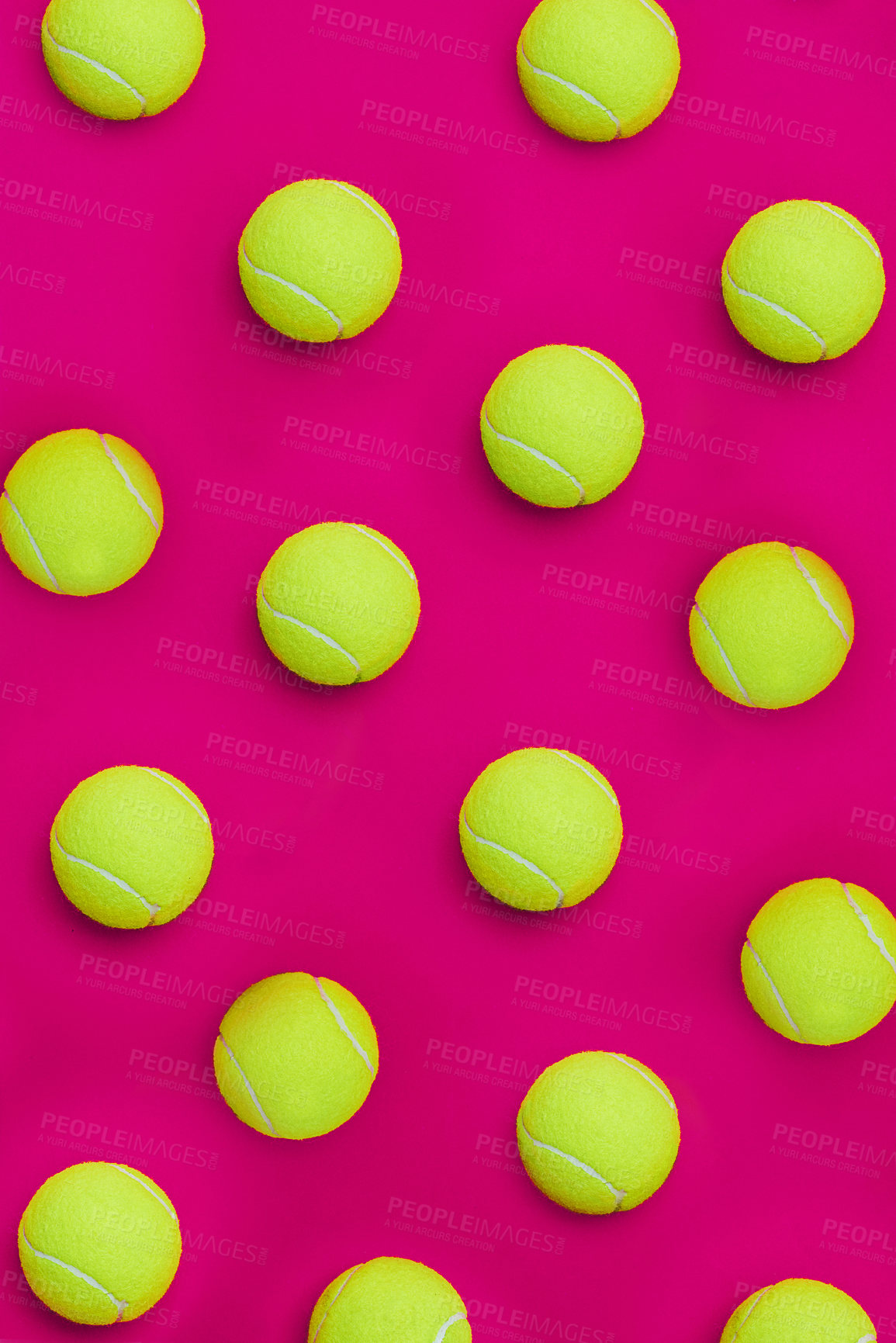 Buy stock photo Studio, collection and tennis ball in closeup for sports, competition and cardiovascular exercise. Above, equipment and softball in pink background for bounce, game and fitness for cardio wellness