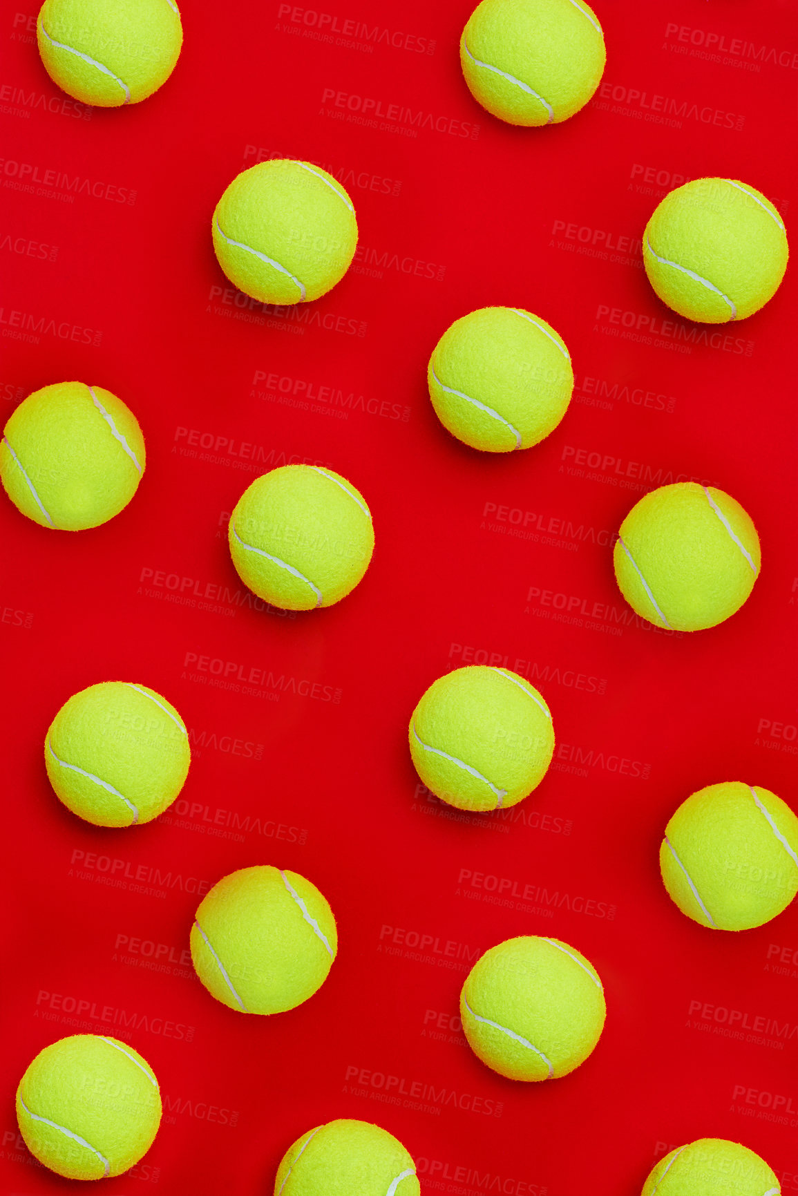 Buy stock photo Game, isolated and tennis ball in studio for sports, competition and cardiovascular exercise. Above, equipment or softball in red background for bounce, match challenge or fitness for cardio wellness