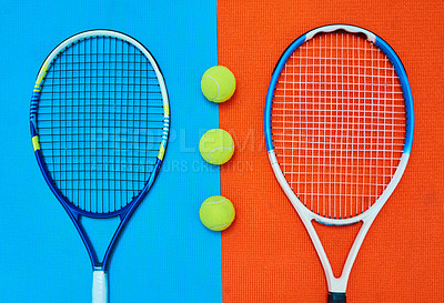 Buy stock photo Equipment, racket and tennis ball in studio for sports, competition and cardiovascular exercise in fitness. Above, objects and softball in isolated background for bounce, game and serve in tournament