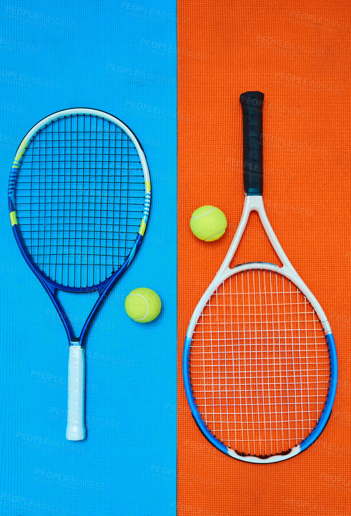Buy stock photo High angle shot of tennis essentials placed on top of a colourful background inside of a studio