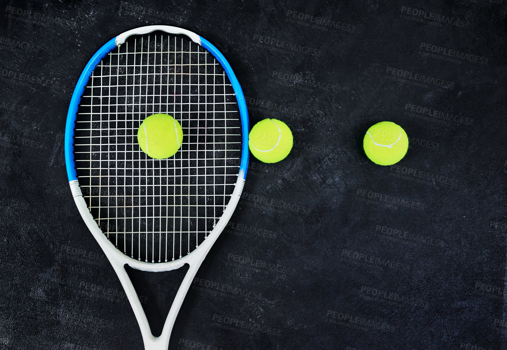 Buy stock photo Ball, racket and pattern at tennis game, competition or fitness challenge at health club in studio. Sports, gear and exercise equipment on court for international match, workout and dark background