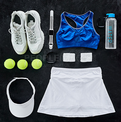 Buy stock photo Balls, cap and shoes with tennis outfit on dark background flat lay for exercise, fitness or sports from above. Health, training or wellness with equipment and water for start of game or workout