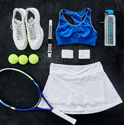 Buy stock photo Top view, fitness clothes and tennis equipment, shoes and smart watch on black background flat lay. Above, tools and sports racket, balls and water bottle on floor with wristband for workout training