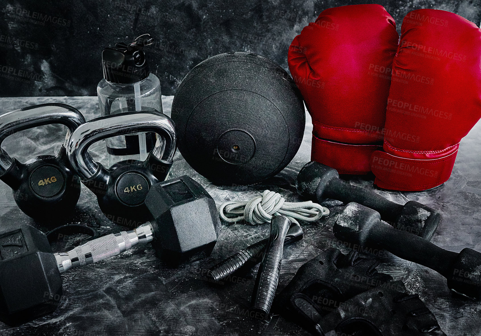 Buy stock photo Boxing gloves, fitness and tools on gym floor for exercise, workout and jump rope with kettlebell. Water bottle, equipment and sports gear with dumbbell weight, medicine ball and powder on background