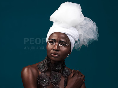 Buy stock photo Black woman, makeup and fashion with traditional african clothing, confidence and self love on dark studio background. Portrait, face and head wrap of female model in outfit for culture expression