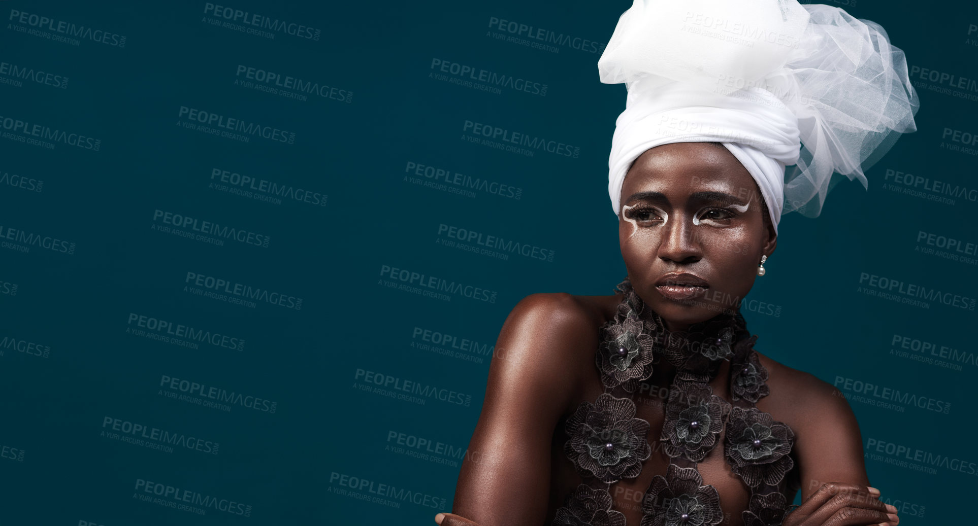 Buy stock photo Art, fashion and a thinking black woman for culture isolated on a dark background in a studio. Mockup, idea and an African person wearing traditional headwear with cosmetics for cultural confidence