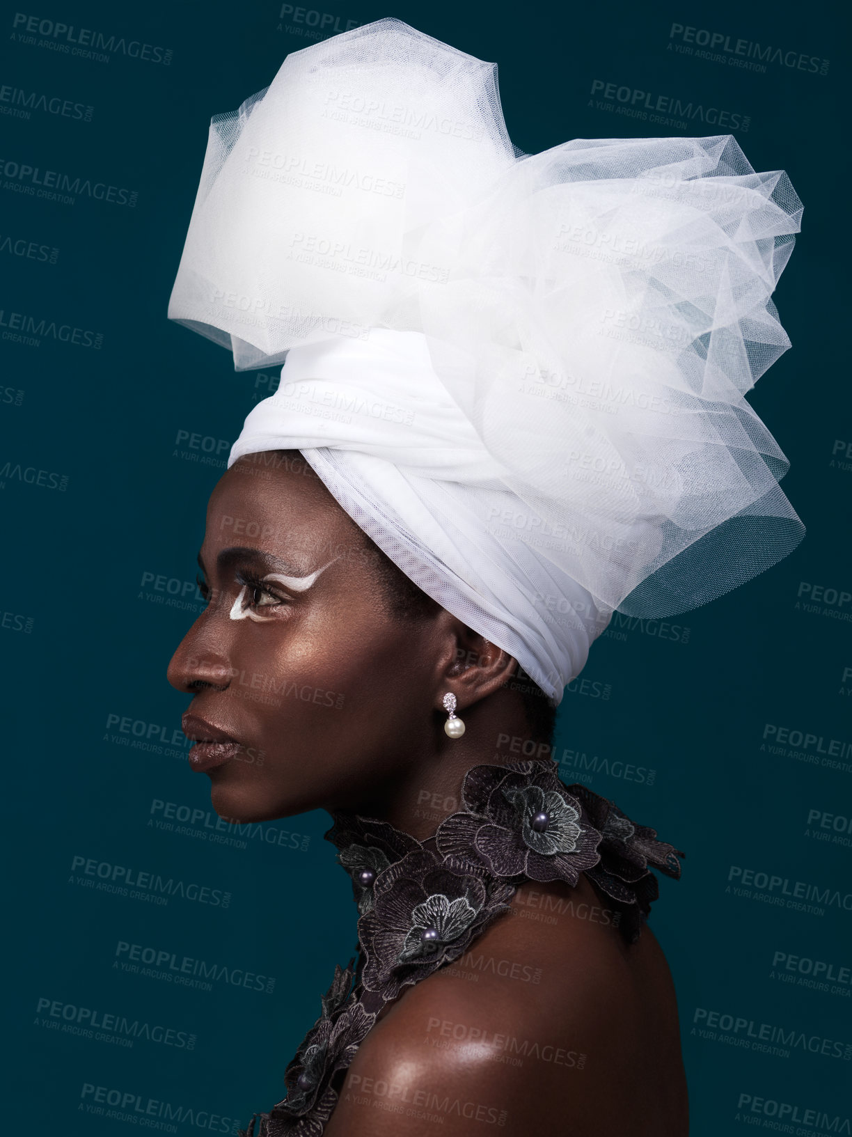 Buy stock photo Beauty, fashion and profile of black woman in makeup with headwrap in studio isolated on a blue background. African model, cosmetics and head scarf with serious face for traditional style or thinking