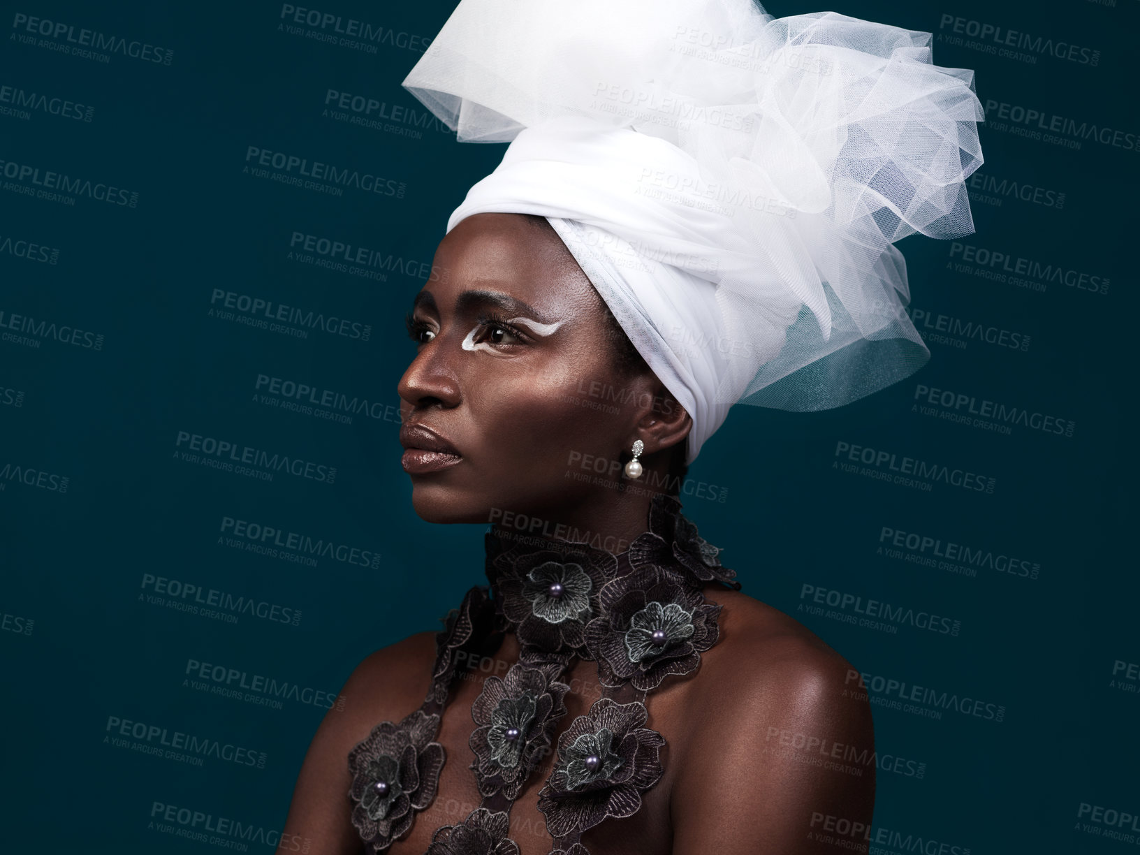 Buy stock photo Beauty, fashion and thinking black woman in makeup with headwrap in studio isolated on a blue background mockup. African model, cosmetics and head scarf with serious face for traditional culture