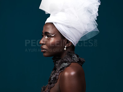 Buy stock photo Profile, fashion and black woman with makeup, beauty and confidence on dark studio background. Face, head wrap and African model with traditional outfit, eyeshadow cosmetics and creative with glamour