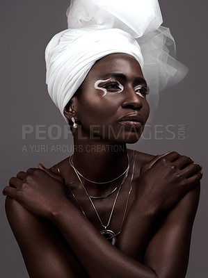 Buy stock photo Thinking, wrap and black woman with makeup, beauty and confidence on dark studio background. Face, turban and African model with traditional outfit, eyeshadow cosmetics and necklace for culture pride