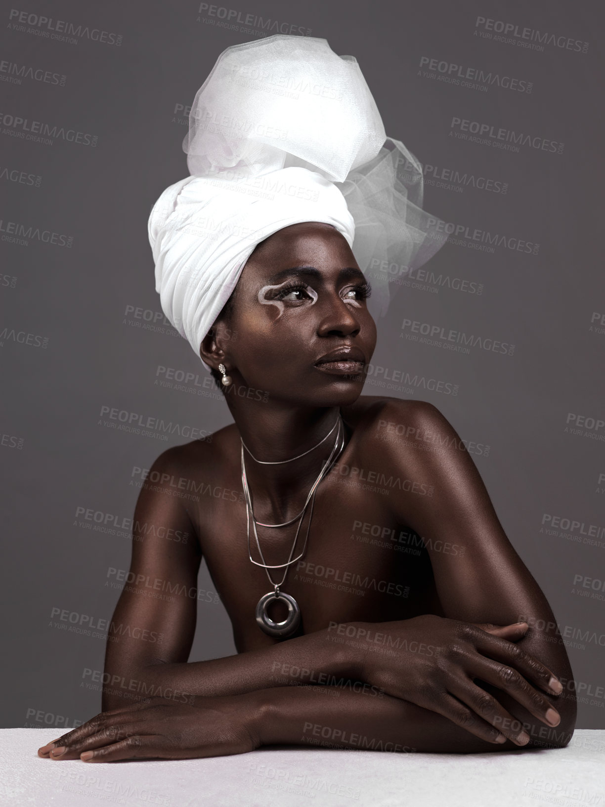 Buy stock photo Thinking, beauty and black woman with makeup, wrap and confidence in studio on grey background. Glow, skincare or African model with traditional fashion, eyeshadow cosmetics and creative with glamour