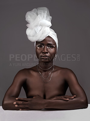 Buy stock photo Portrait, wrap and black woman with makeup, skincare or confidence in studio on grey background. Beauty, glow or proud African model with traditional outfit, eyeshadow cosmetics or creative necklace 