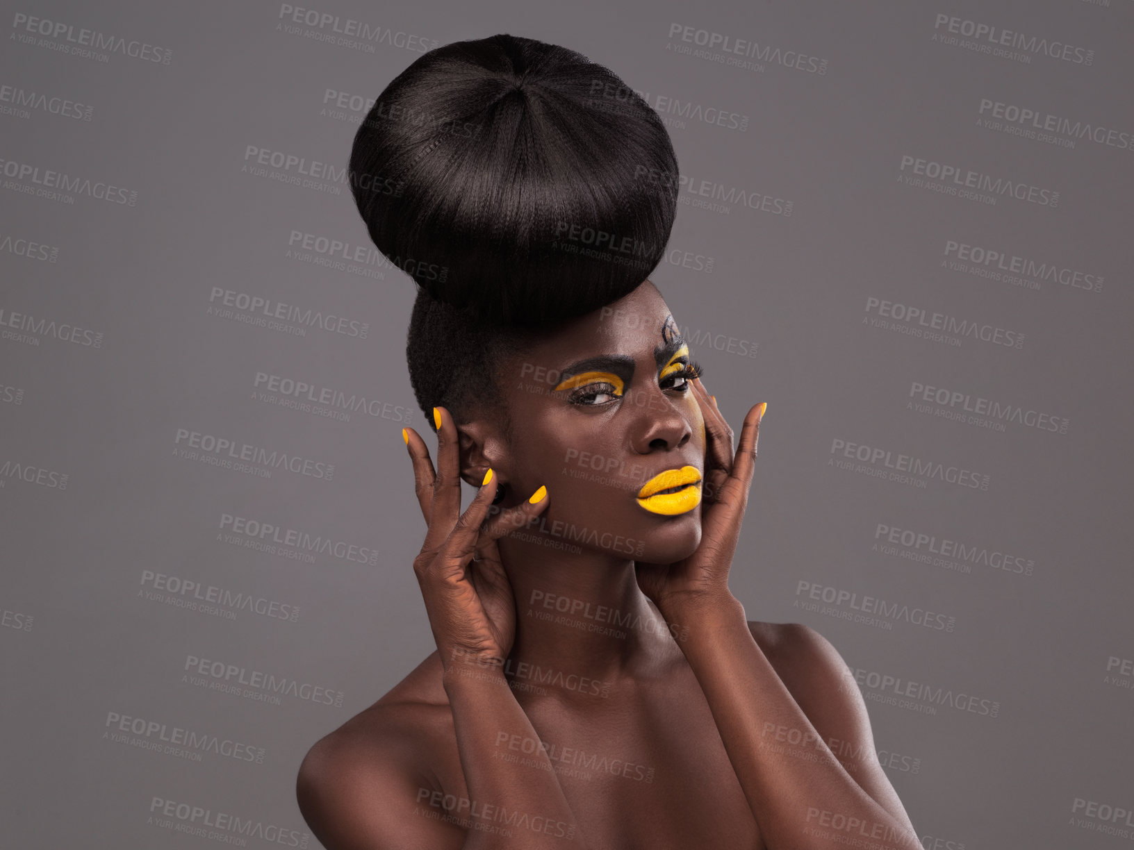 Buy stock photo Makeup and portrait of black woman in studio with lipstick, cosmetics and eyeshadow on gray background. Beauty, aesthetic and female model with yellow lip balm, nail polish manicure and glamour