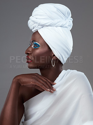 Buy stock photo African, queen and woman with creative makeup, profile and pride in beauty of indigenous culture. Studio, portrait and model with glow on skin with color cosmetics or traditional tribal aesthetic