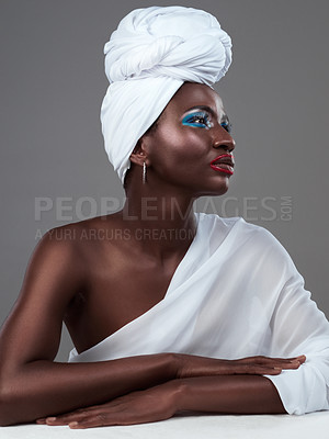 Buy stock photo African, woman and creative makeup idea for art and pride in beauty of indigenous culture. Studio, profile and model with color eyeshadow with cosmetics glow on skin and traditional tribal queen
