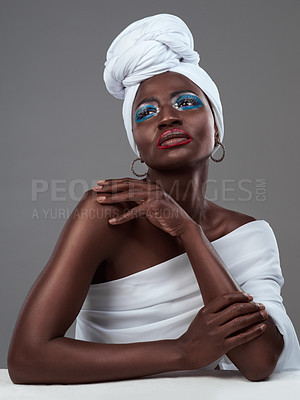 Buy stock photo African, makeup and creative woman with idea for art o pride in beauty of indigenous culture. Studio, model and thinking with color on skin with glow from cosmetics, paint and traditional style
