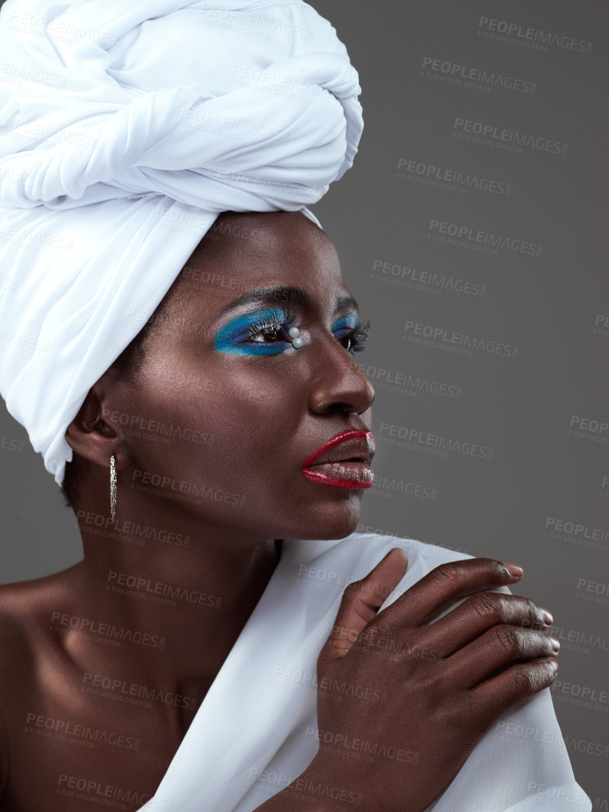 Buy stock photo African, makeup and creative woman with idea for art or pride in beauty of indigenous culture. Studio, model and thinking with color on skin and glow from cosmetics, paint and traditional profile