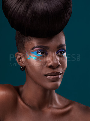 Buy stock photo Idea, hair and makeup with a model black woman in studio on a blue background for beauty. Thinking, haircare and cosmetics with an attractive young female person at the salon for fashion or styling