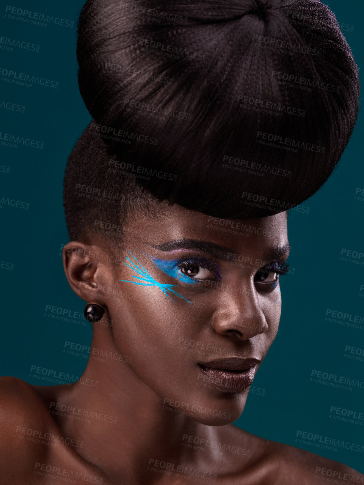Buy stock photo Portrait, hair and cosmetics with a model black woman in studio on a blue background for beauty. Face, haircare and makeup with an attractive young female person at the salon for fashion or styling