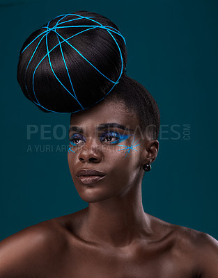 Buy stock photo Idea, hair care and makeup with a model black woman in studio on a blue background for beauty. Thinking, fashion and cosmetics with an attractive young female person at the salon for a hairstyle