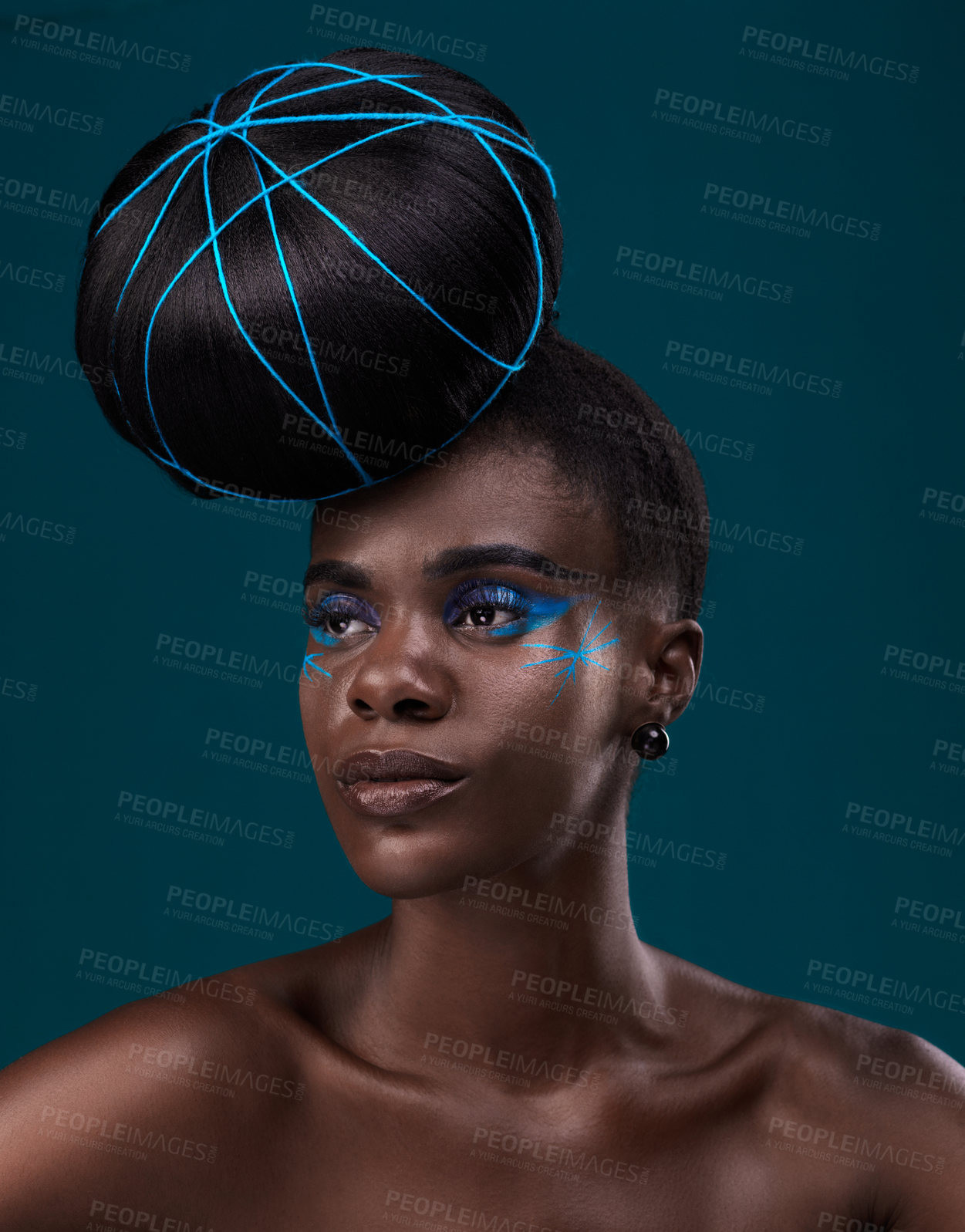 Buy stock photo Idea, hair care and makeup with a model black woman in studio on a blue background for beauty. Thinking, fashion and cosmetics with an attractive young female person at the salon for a hairstyle