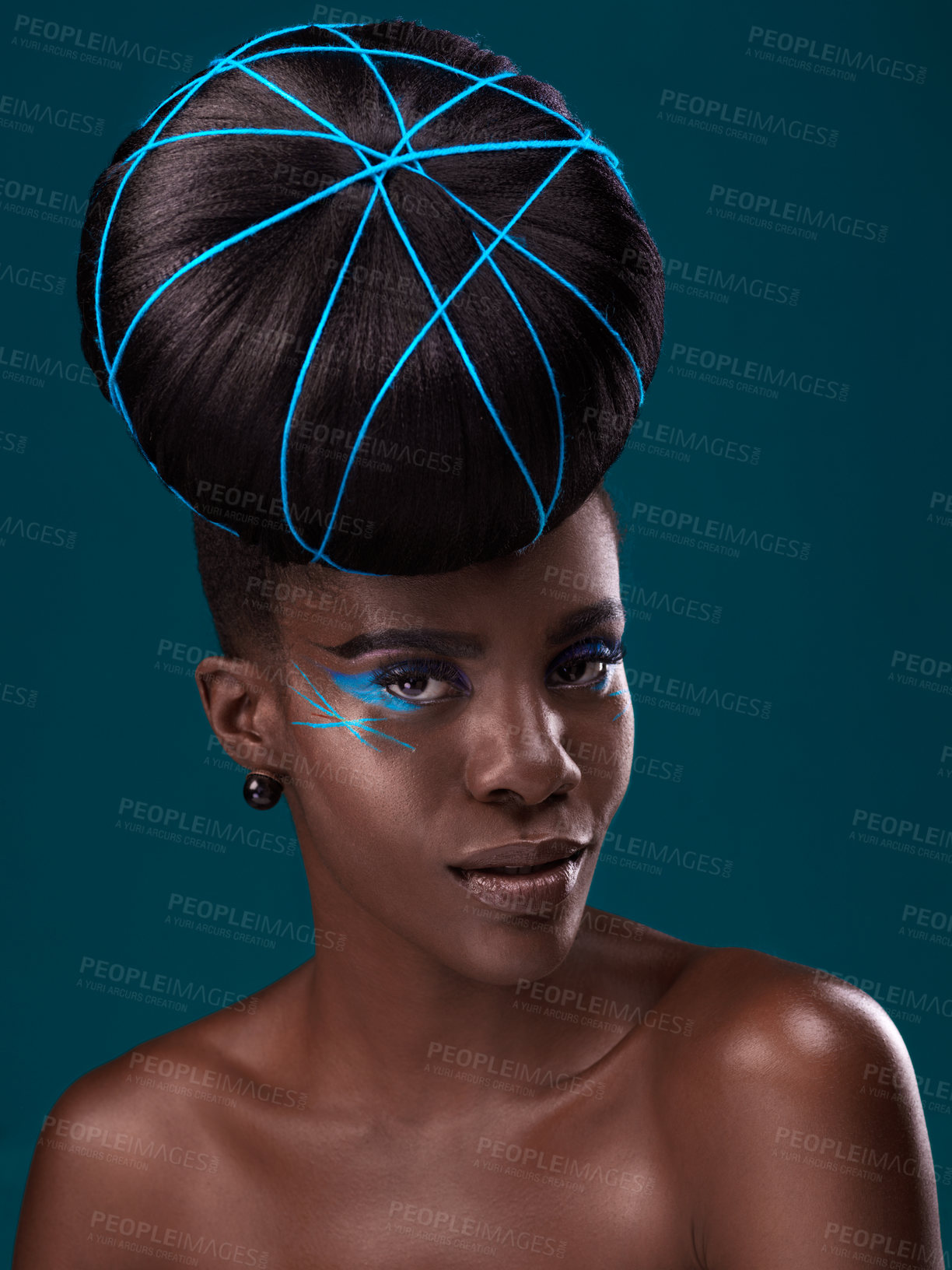 Buy stock photo Portrait, hair and fashion with a model black woman in studio on a blue background for beauty. Face, haircare and cosmetics with an attractive young female person at the salon for makeup or styling