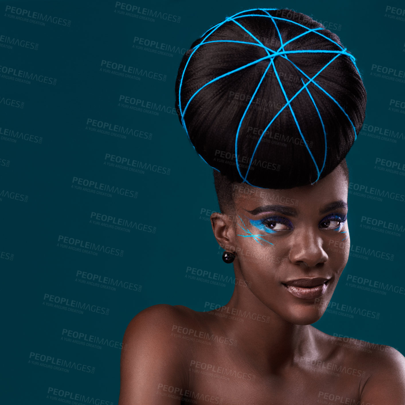 Buy stock photo Thinking, hair and mockup with a model black woman in studio on a blue background for beauty. Idea, space and cosmetics with an attractive young female person at the salon for fashion or makeup