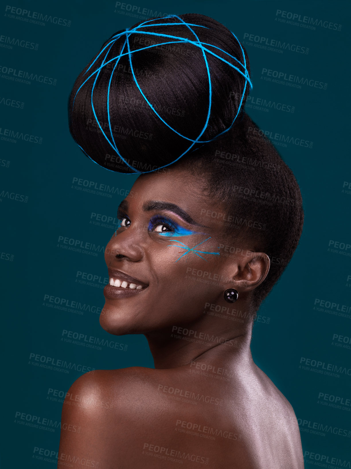Buy stock photo Thinking, happy and hair with a model black woman in studio on a blue background for beauty. Idea, smile and makeup with an attractive young female person at the salon for trendy fashion or cosmetics