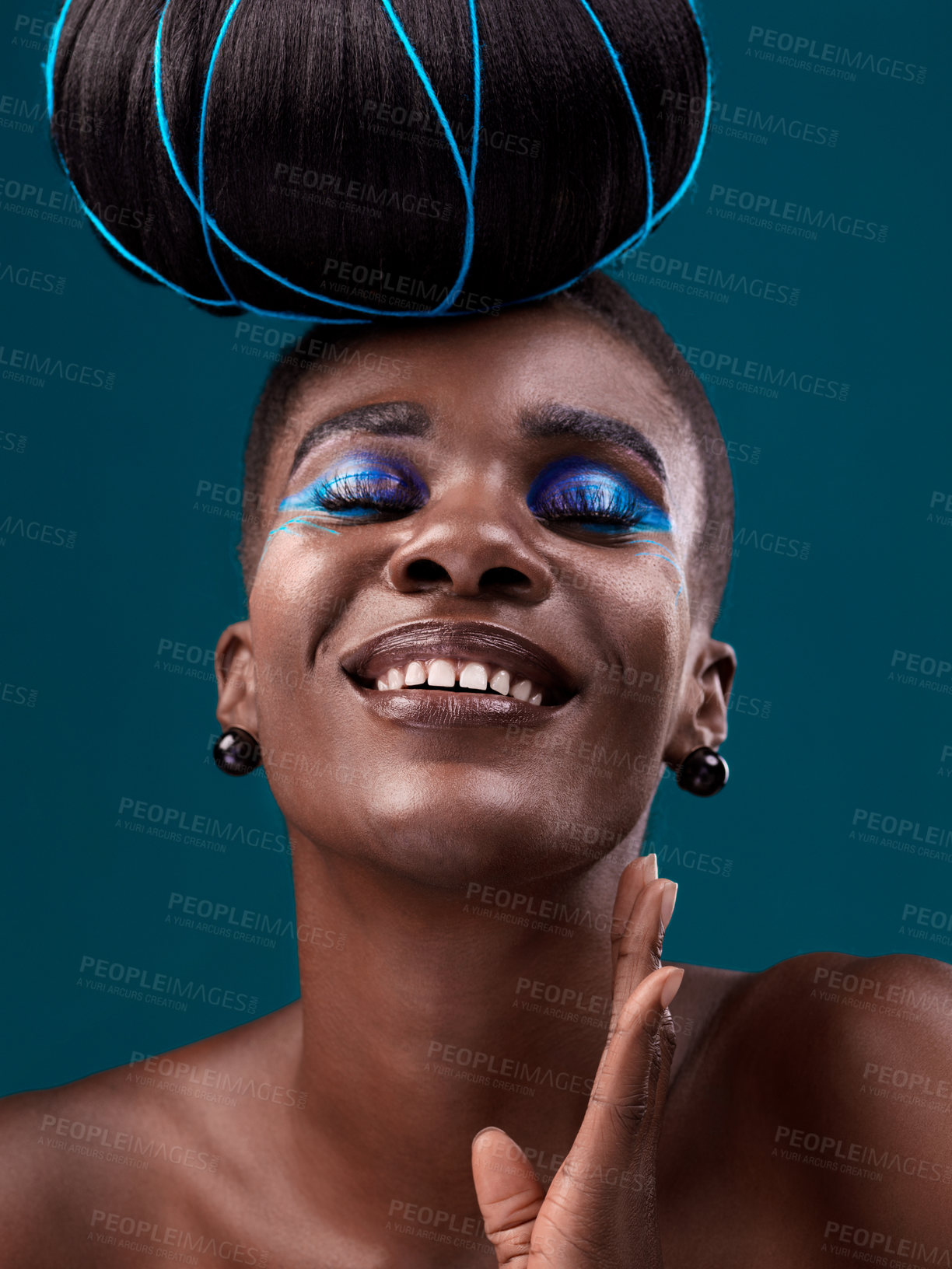 Buy stock photo Happy, hair and cosmetics with a model black woman in studio on a blue background for beauty. smile, haircare and makeup with an attractive young female person at the salon for fashion or styling