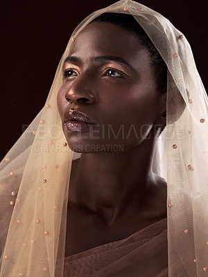 Buy stock photo Thinking, model or black woman with makeup, scarf or confidence in studio on dark background. Beauty glow, face or proud African lady with traditional wrap, eyeshadow cosmetics or creative fashion