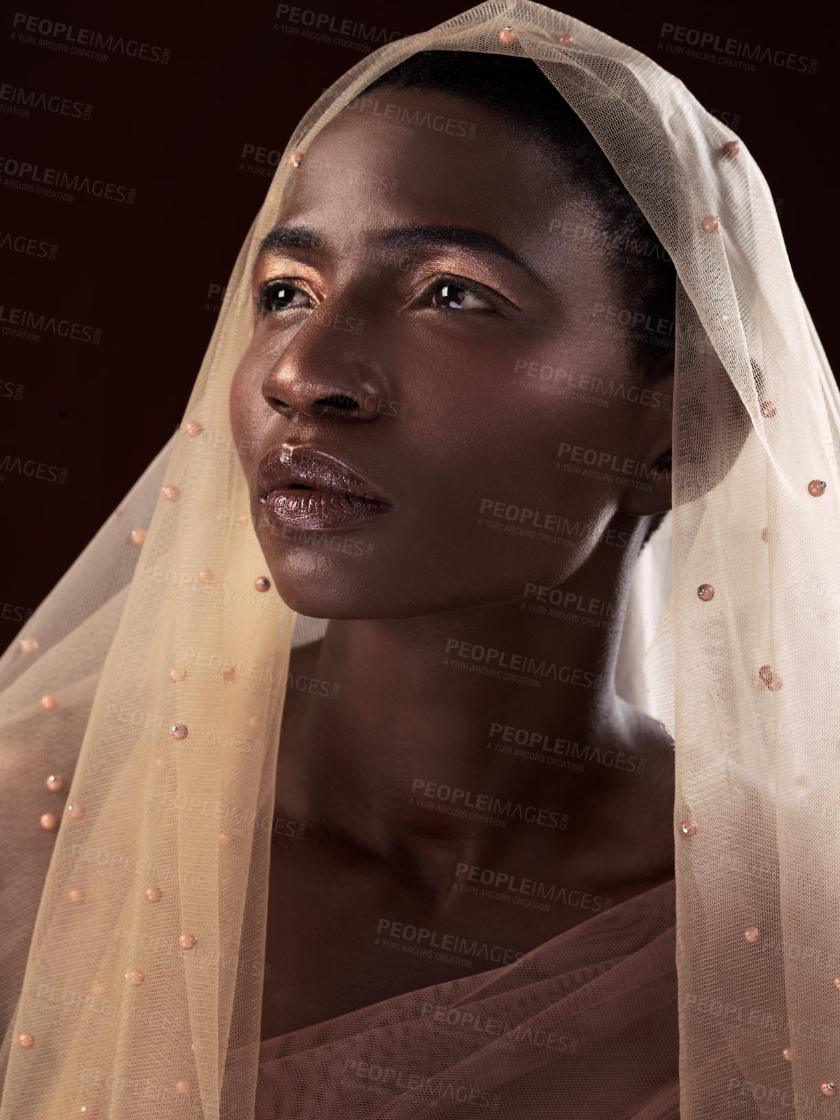 Buy stock photo Thinking, model or black woman with makeup, scarf or confidence in studio on dark background. Beauty glow, face or proud African lady with traditional wrap, eyeshadow cosmetics or creative fashion