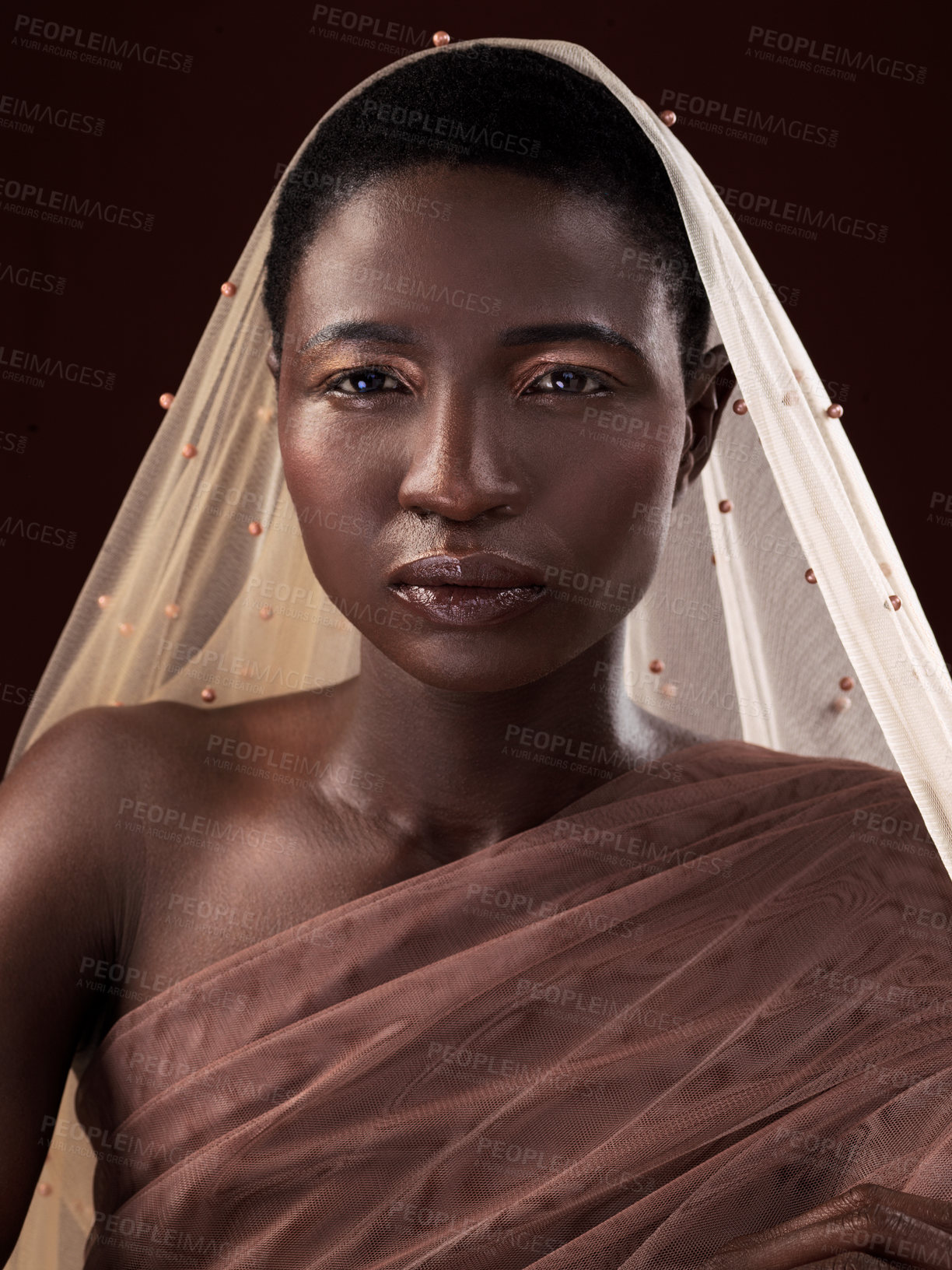 Buy stock photo African, portrait or woman with makeup, scarf or confidence glow in studio on black background. Beauty, face or proud model with traditional wrap, eyeshadow cosmetics or creative fashion in Nigeria
