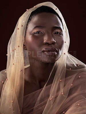 Buy stock photo African, portrait or girl with makeup, scarf or confidence glow in studio on black background. Woman, face or proud model with beauty, eyeshadow cosmetics or traditional fashion in Ghana for culture