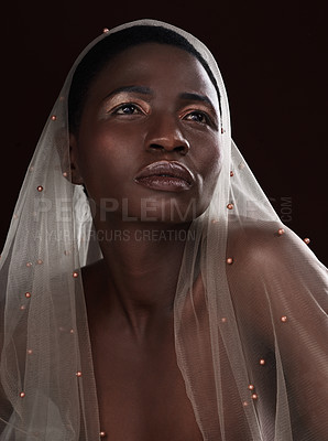 Buy stock photo African, glow or woman thinking of makeup, scarf or confidence in studio on black background. Beauty, face or proud girl model with traditional cloth, eyeshadow cosmetics or creative design in Ghana