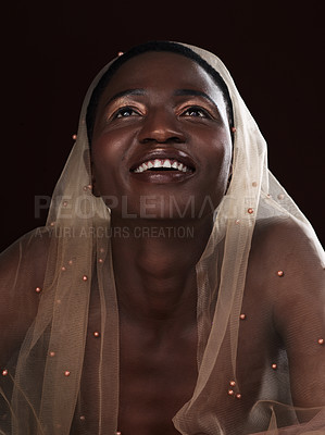 Buy stock photo African, woman and studio with traditional, fashion and beauty for pride and culture. Model, thinking and smile with elegant, confidence and satisfaction for style and heritage on black background