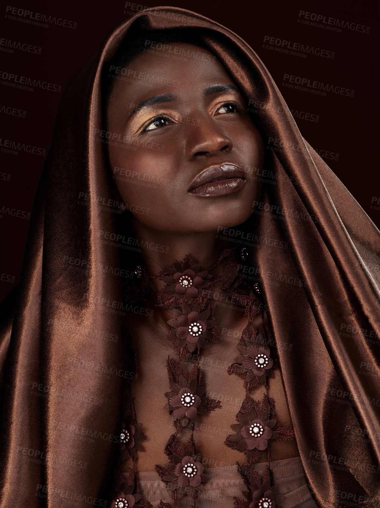 Buy stock photo Thinking, makeup and black woman in studio for fashion or culture isolated on a dark background. Face, cosmetics and serious African model in traditional shawl for beauty, skin or stylish aesthetic